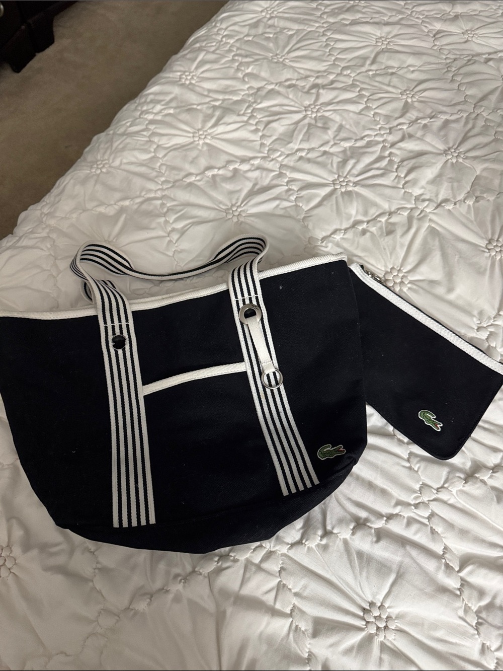 Lacoste Black Canvas Tote with White Striped Handles